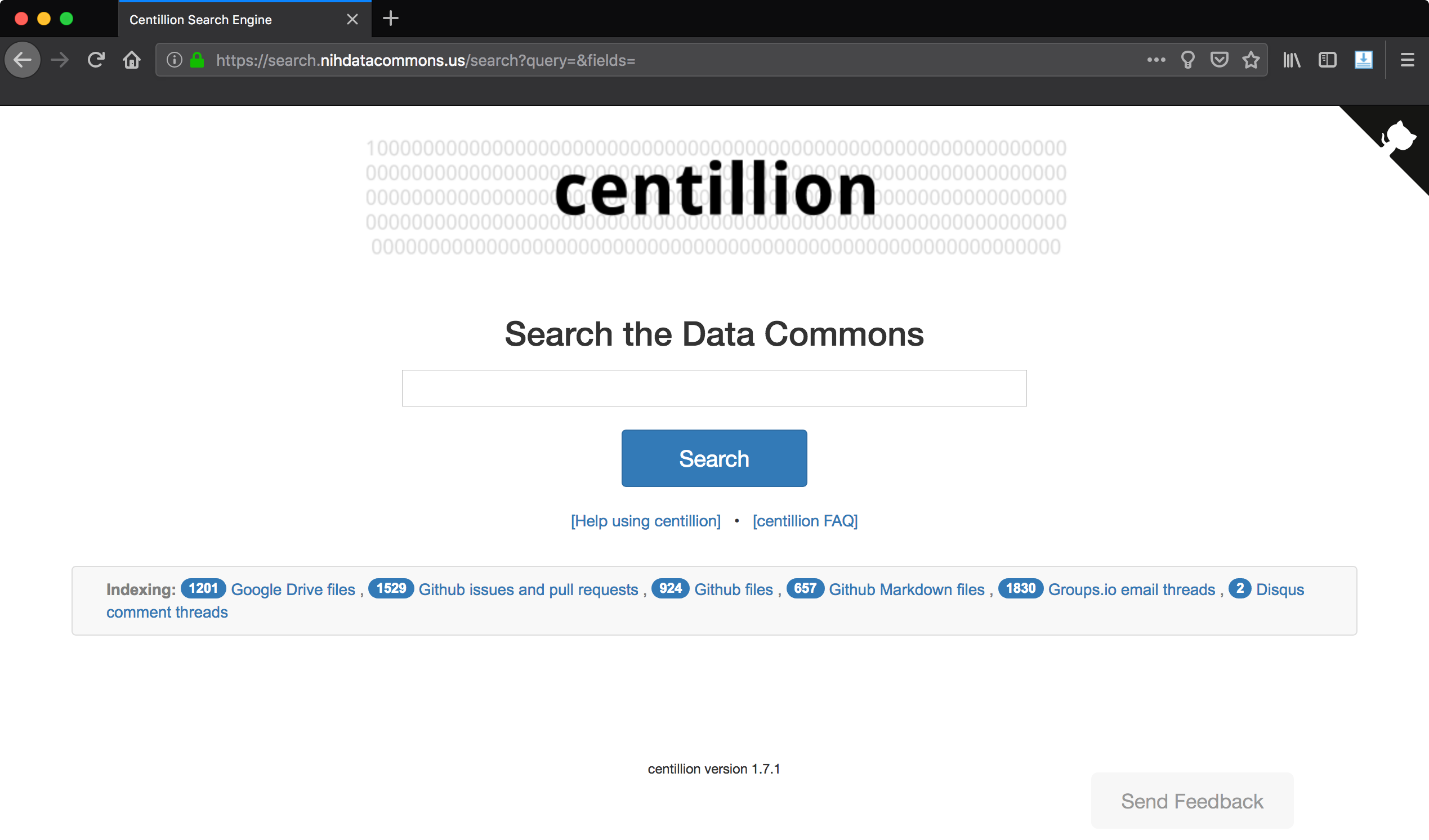 Screen shot of the centillion search engine (2018-10-27).
